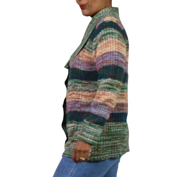 Vintage Hand Loomed Knit Cardigan Sweater Green Marled Rainbow Stripe 70s Medium - Picture 13 of 16